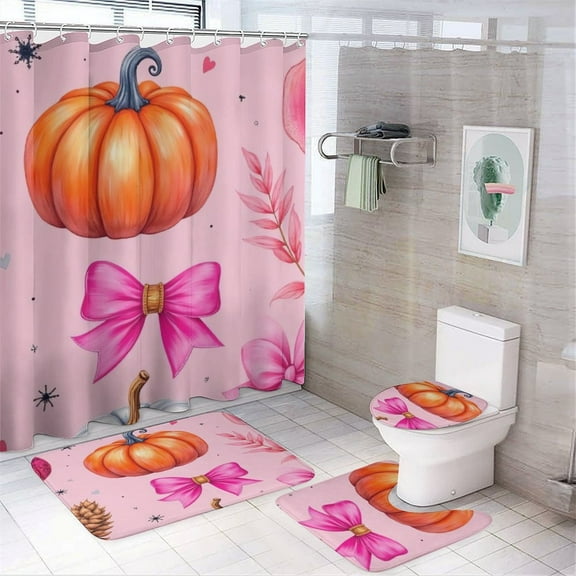 Pink Pumpkin And Bow Pattern Shower Curtain Sets Non-Slip Rugs Bath Mat Toilet Cover U Shaped Mat 4 Pcs