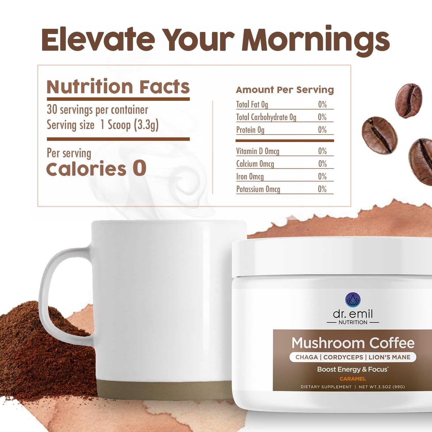 DR. EMIL NUTRITION Mushroom Coffee, Caramel, 3.5 oz, 30 Servings