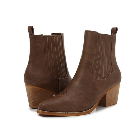 

Women PU Leather Perforated Front Stacked Heel Ankle Boots with Elastic Side Gussets (Brown / 11)