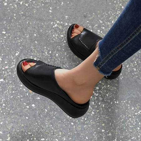 

YTJX Fashion Spring And Summer Thick Soled Women Sandals Casual Peep Toe Slip On Beach Slippers