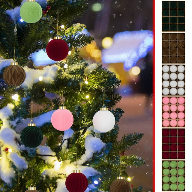 Adorno Navideño de Terciopelo Oscuro Flocado de 6 Cm para Árbol de Navidad, 12 Unidades