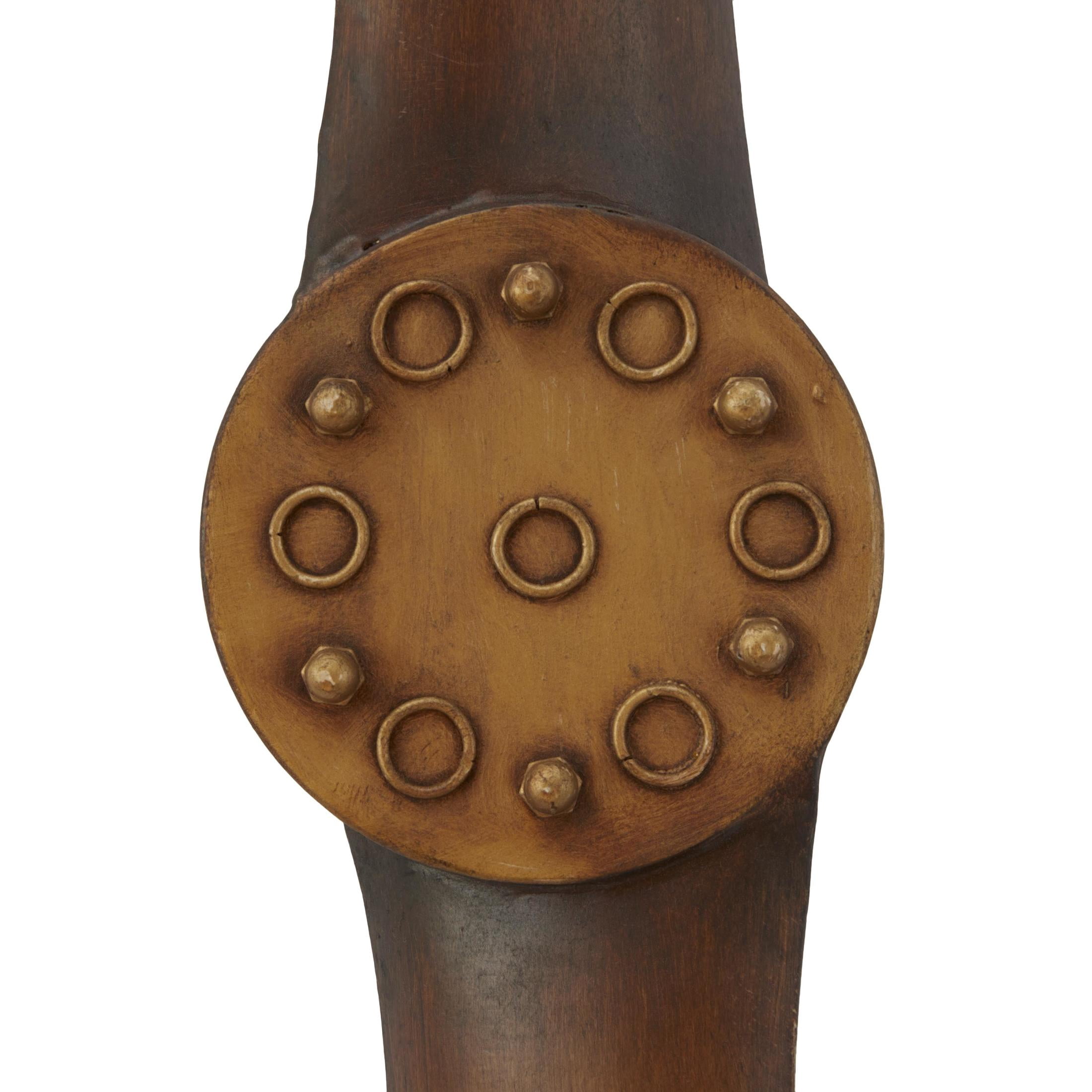 DecMode Brown Metal Wood Inspired 2 Blade Airplane Propeller Wall Decor with Gold Aviation Detailing