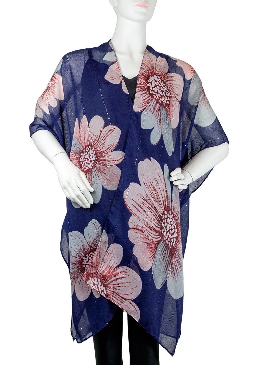 Adrienne Vittadini Women'S Navy Floral Kimono With Sequin