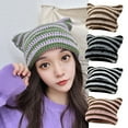 thumbnail image 3 of harmtty Little Devil Striped Knitted Hat Japanese Style Streetwear Harajuku Beanie Hat Women Autumn Winter Bonnet Cute Cat Ears Hat for Cold Weather Coffee, 3 of 8