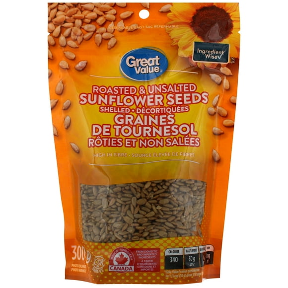 Graines de tournesol écalées rôties et non salées, Great Value 300 g