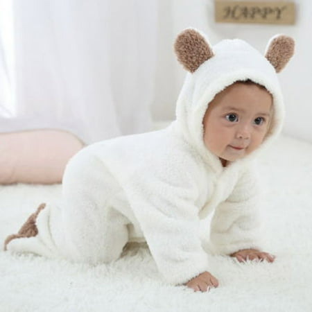 

uublik Toddler Baby Bodysuits Boys Girls Color Plush Cute Hoodie Bear Ears Winter Keep Warm Jumpsuit Romper