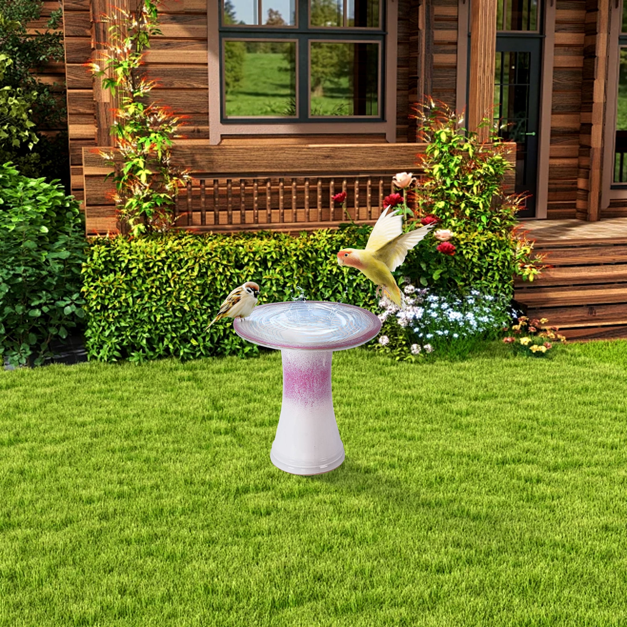 Noble House Barnaby Ceramic Birdbath, Ombre Glaze with Striped Detailing, Modern Outdoor Garden Accent, White + Pink