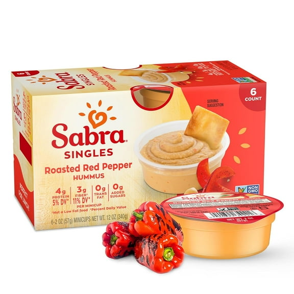 Sabra Singles Roasted Red Pepper Hummus Dip, Non-GMO, Gluten Free, Vegan On-the-Go Hummus Spread, 2 oz Cup (6 Count)