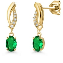 Gem Stone King 10K Yellow Gold Green Nano Emerald and Lab Grown Diamond Stud Dangle Earrings for Women | 0.85 Cttw | Gemstone May Birthstone | Oval 6X4MM