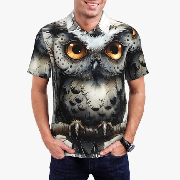 Balery Whimsical Owl On Branch Camisa Polo de Hombre con Estampado, de Manga Corta y Tejido Medio, Camisa Tipo Golf Polo-Large