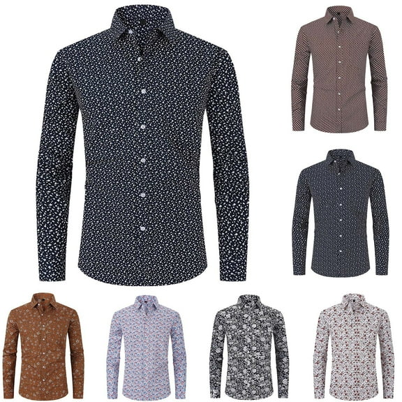 DDAPJ pyju Men's Printed Button Down Shirts Long Sleeve Regular Fit Dress Shirt Wrinkle Free Formal Wedding Shirts Blue L