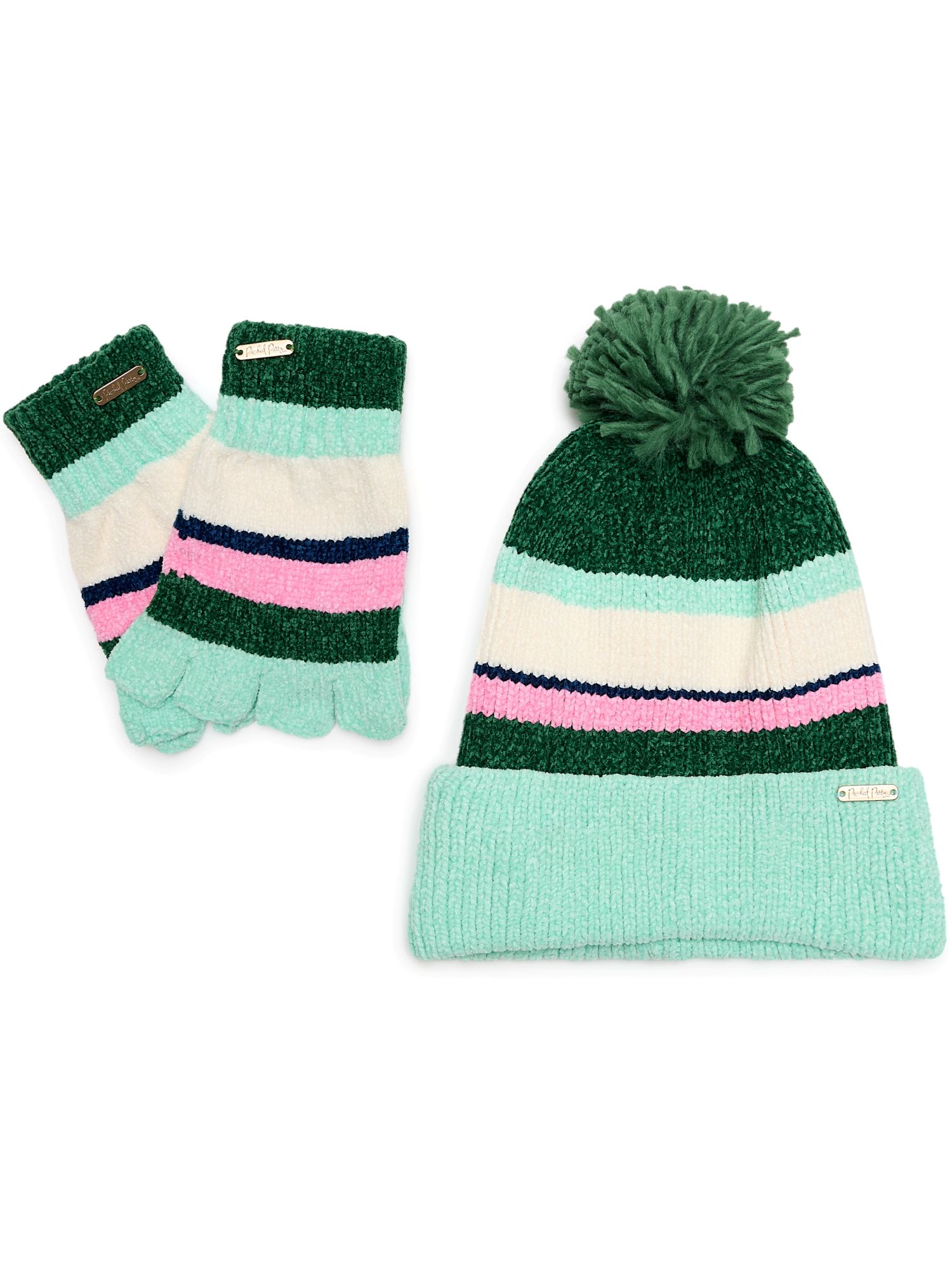 Packed Party Cozy Stripes Chenille Hat and Gloves Set, Green