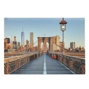 City Cutting Board, New York Skyline Closeup Brooklyn Bridge in Manhattan over River, Decorative Tempered Glass Cutting and Serving Board, Large Size, Orange Pale Blue Grey, by Ambesonne