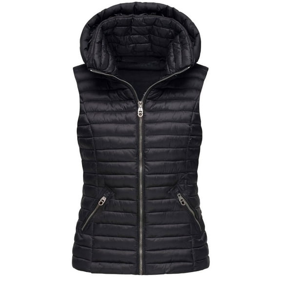 Baqcunre Puffy Vests for Women with Hood, Women's Casual Solid Color Vest Zipper Loose Sleeveless Jacket Hooded Vest Coat with Pockets 1 Pc Vest Black L
