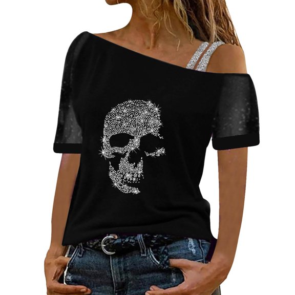 Yuanlong Womens Tshirts One Shoulder Mesh Short Sleeve Rhinestone Graphic T-Shirts Loose Summer Streetwear Fashion Tops