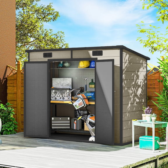 Outsunny 8' x 4' Resin Outdoor Storage Shed, Plastic Shed with Floor, Window, Lockable Doors and Vents, Light Brown