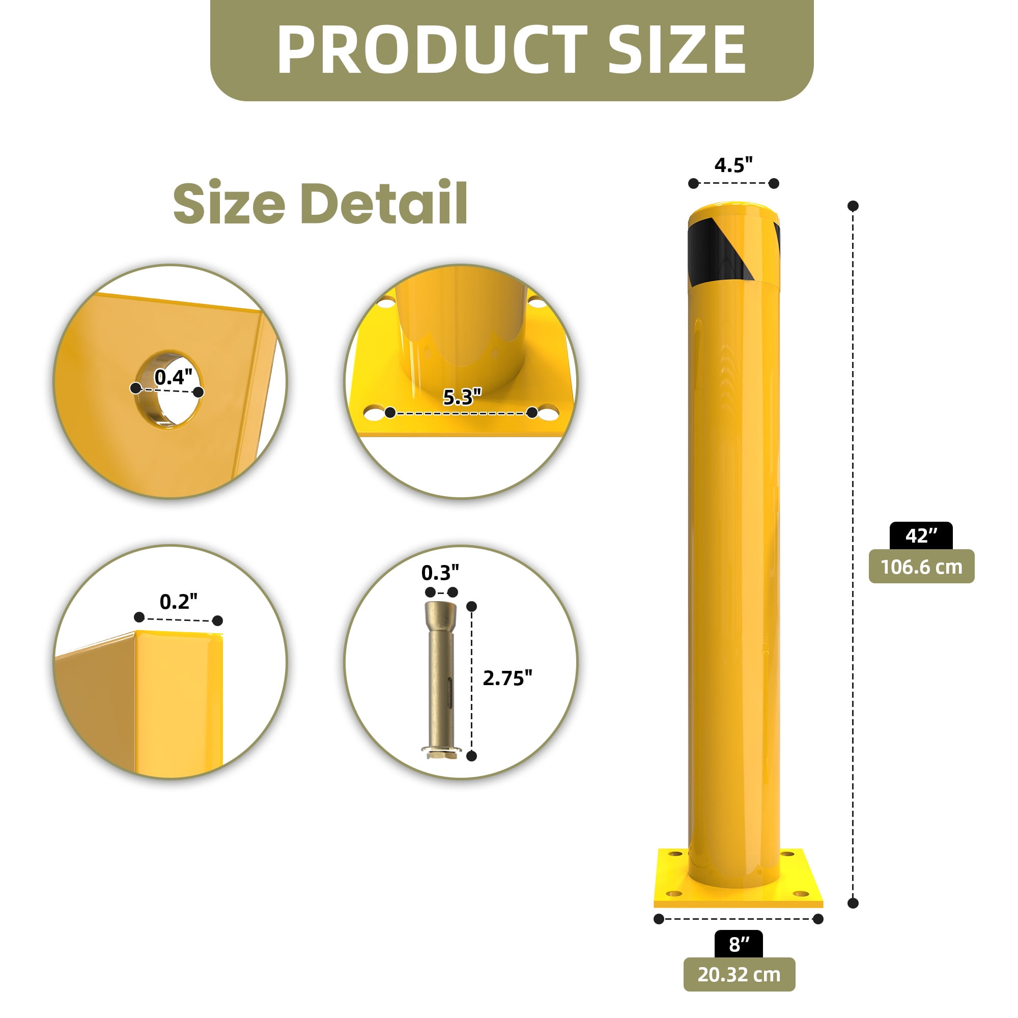 Uforic 1-Piece 42" x 4.5" Steel Safety Bollard Post – Fluorescent Yellow Traffic Barrier for Parking Lots