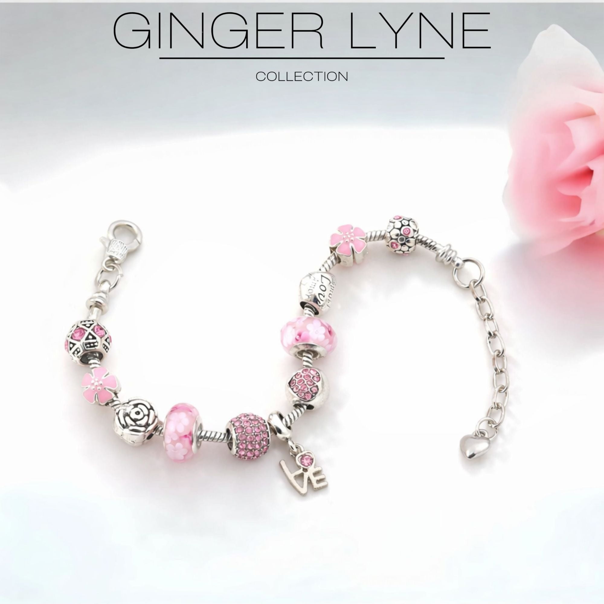 Love Theme Charm Bracelet for Women by Ginger Lyne 9" Alloy Pink Italian Style Beads Valentines Gifts