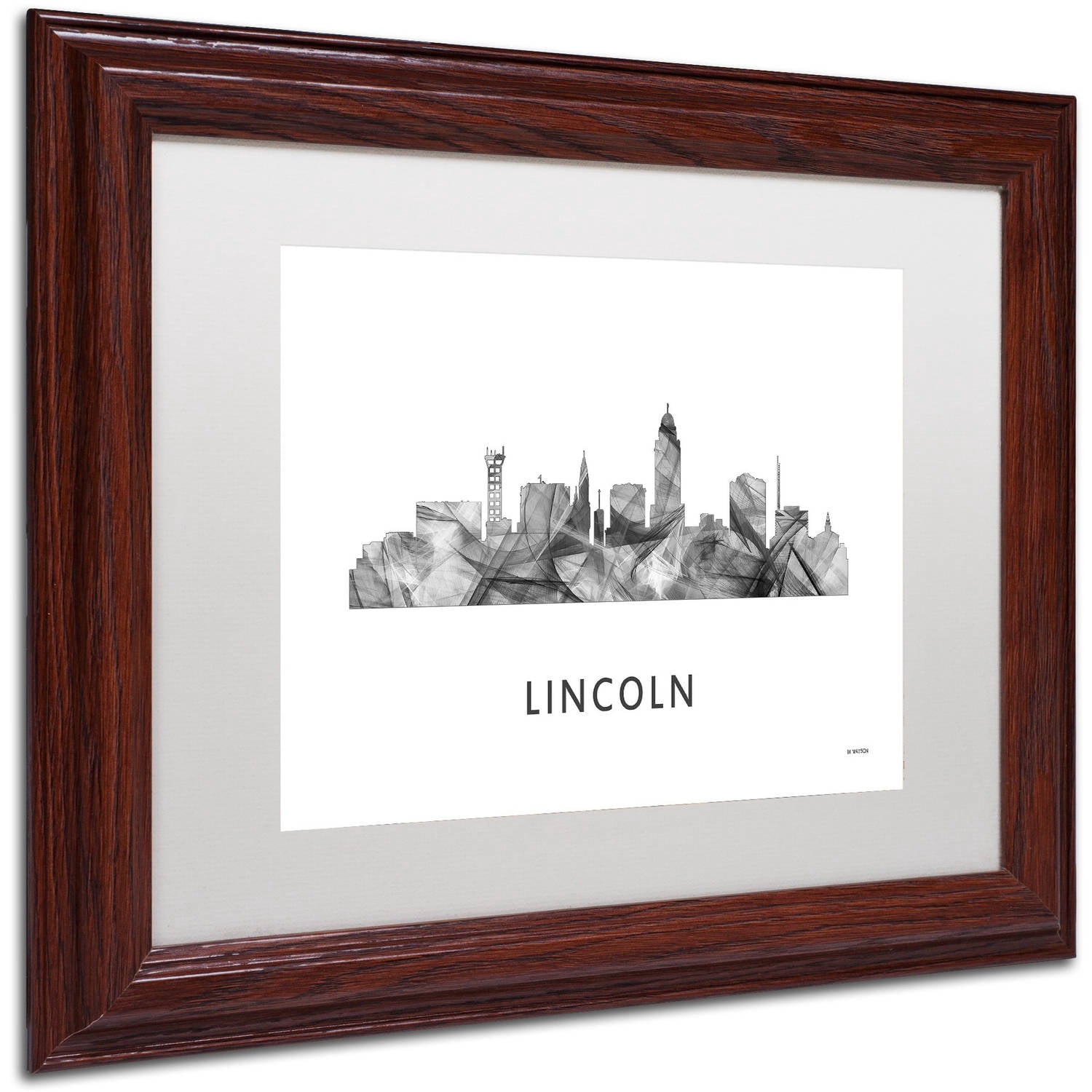 Trademark Fine Art 'Lincoln Nebraska Skyline WB-BW' Canvas Art by Marlene Watson, White Matte, Wood Frame