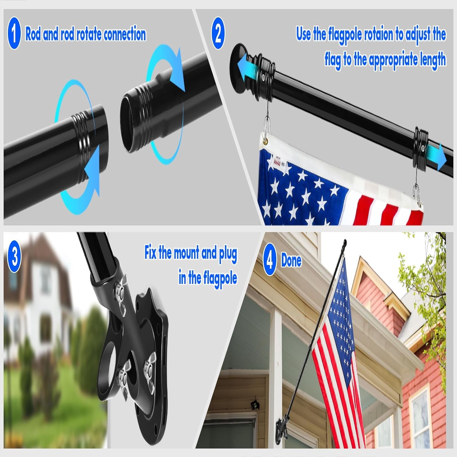 Flag Pole Kit- Stainless Steel 5 FT Flag Poles with1 Inch Metal 360° Rotating Flag Pole Rings Clip, Two-Position Flag Pole Holder Brackets Mounting for Outside House Outdoor Porch(5 FT - Sliver)