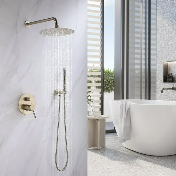 Brushed Gold Rain Shower System – 10" Head & Handheld, Wall Mount Brass