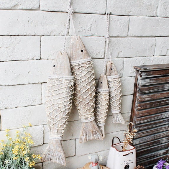 Summark Antique Decorative Fish Skewers Wood Carving Mediterranean Fish Household Retro Decoration 1 Pair