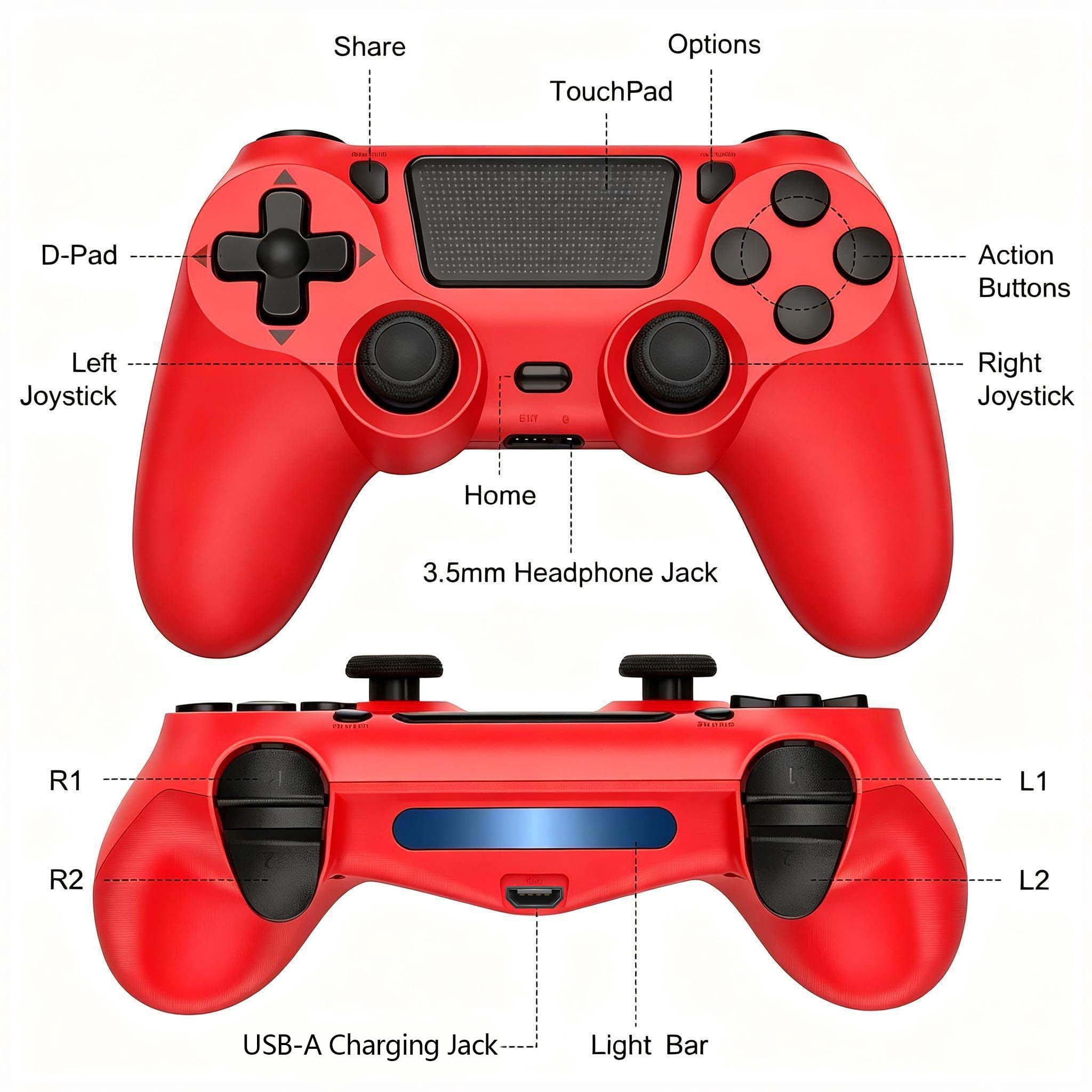 Wireless Gaming Controller Compatible with P4/Slim/Pro/PC, Game Controller with Dual Motor/6-Axis Gyro/Touch Pad - Red
