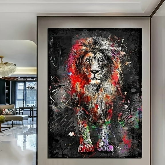 1 Piece Frameless Abstract Lion Canvas Wall Art - Vibrant Modern Animal Painting, Bold Colors Home Decor, Fashionable Living Room Art