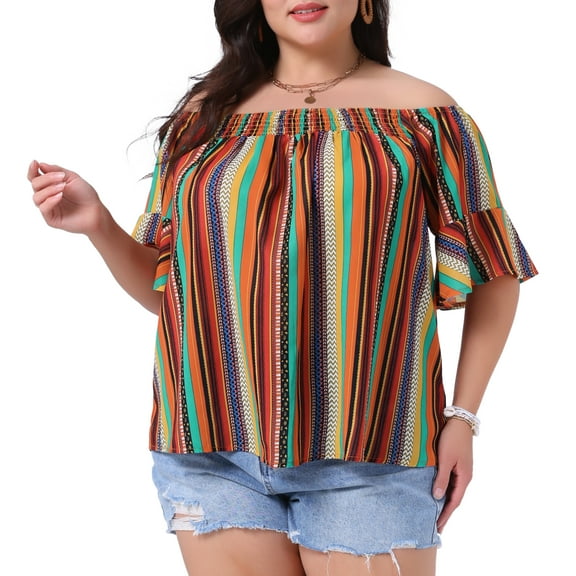 DARING DIVA Women's Plus Boho Off Shoulder Short Sleeve Striped Blouse 1X Orange