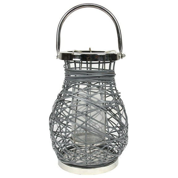 13.5" Modern Gray Decorative Woven Iron Pillar Candle Lantern with Glass Hurricane