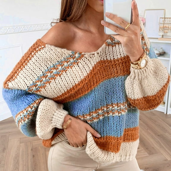 JINMGG 2026 Fall Winter Plus Size Sweaters for Women,Women Long Sleeve Color Block Knit Pullover Sweaters Neck Patchwork Casual Top