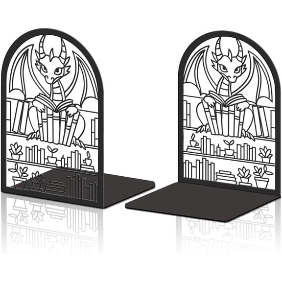 2pcs Metal Bookends Black Heavy Duty Book Shelf Holders Dragon Reading Decorative Book Ends Used on Desk Office Home Library School