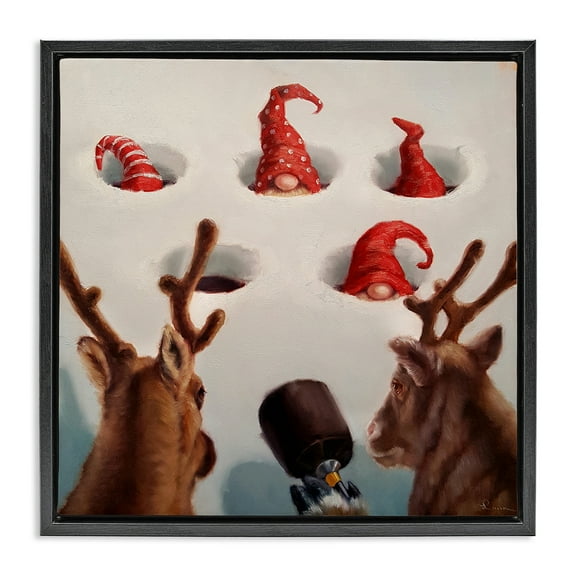 Stupell Industries Holiday Whack an Elf Humor Animals & Insects Painting Black Floater Framed Canvas Art Print Wall Art, 18 x 18