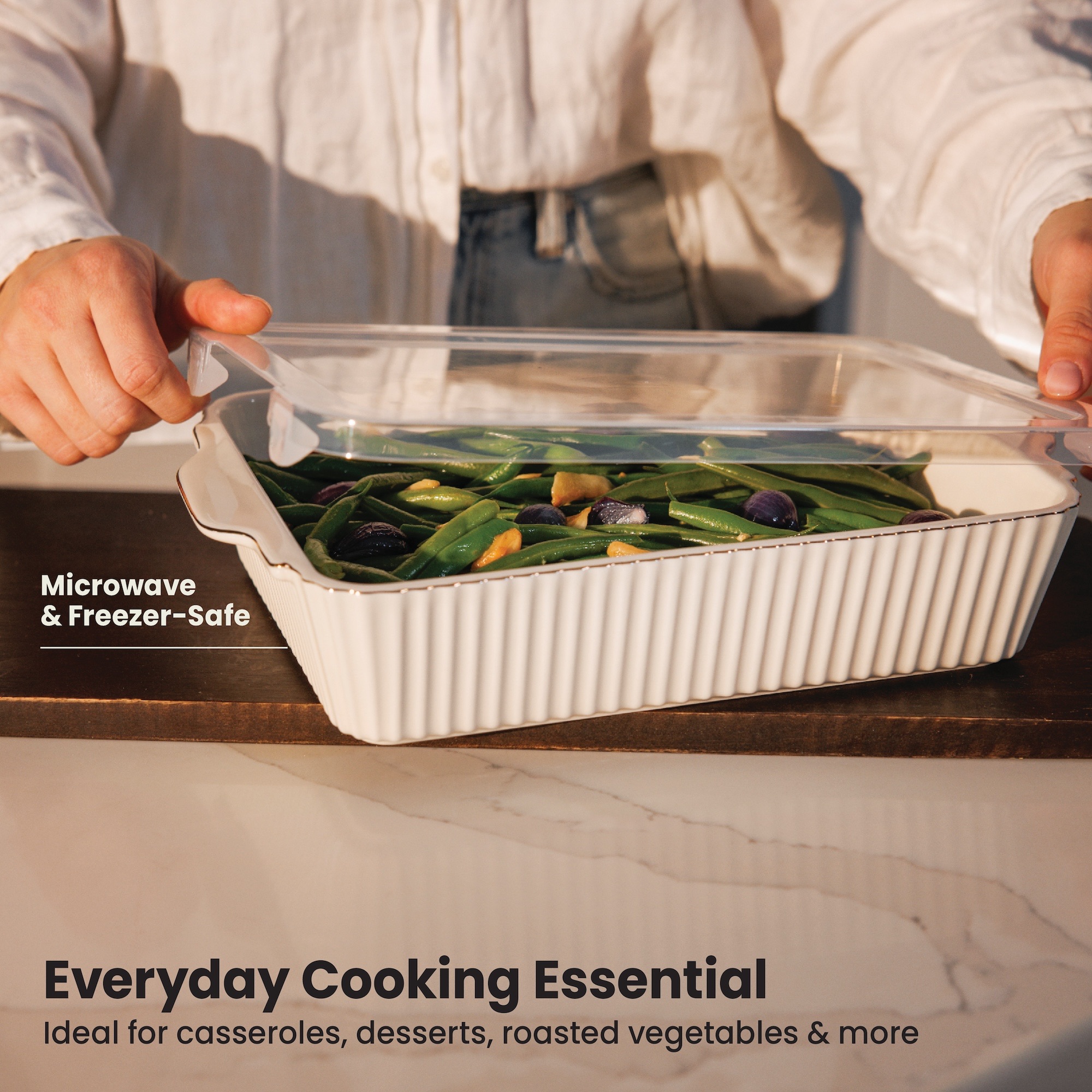 Thyme & Table 4-Piece Stoneware Baking Dish Set with Lids, White photo 3