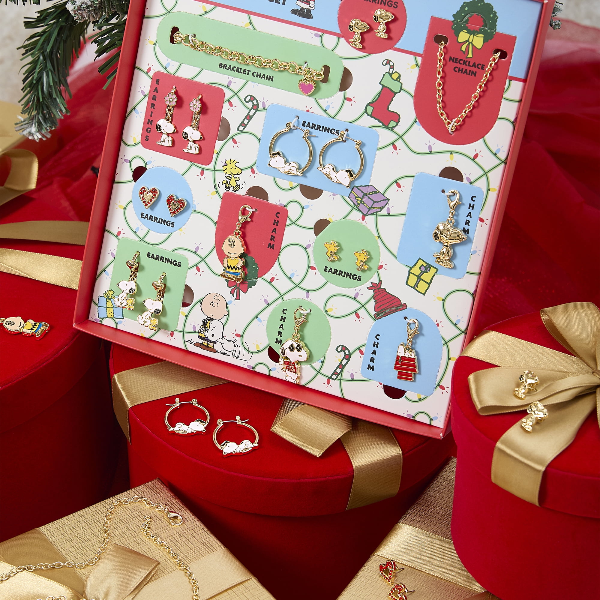 Peanuts Snoopy Jewelry Advent Gift Set: 12 Piece Earrings Necklace Bracelet & Charms Mix & Match Christmas Calendar Set