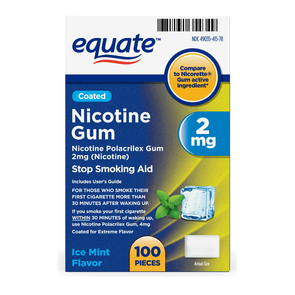 Equate Nicotine Coated Gum 2 mg, Stop Smoking Aid, Ice Mint Flavor, 100 ...