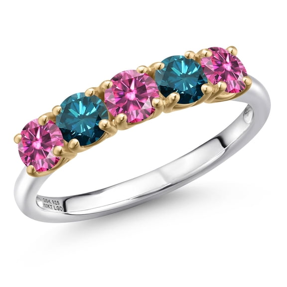 Gem Stone King 925 Silver and 10K Yellow Gold Pink Moissanite and Blue Diamond Wedding-Bands Ring for Women | 1.23 Cttw | Round 4MM | Gemstone Birthstone | Size 6