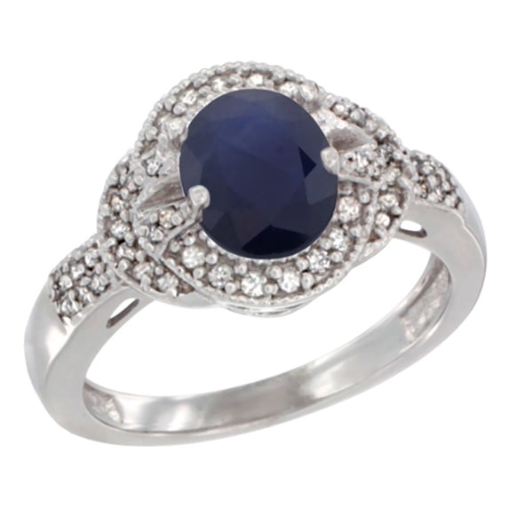 14K White Gold Natural Australian Sapphire Ring Oval 8x6 mm Diamond Accent, size 8