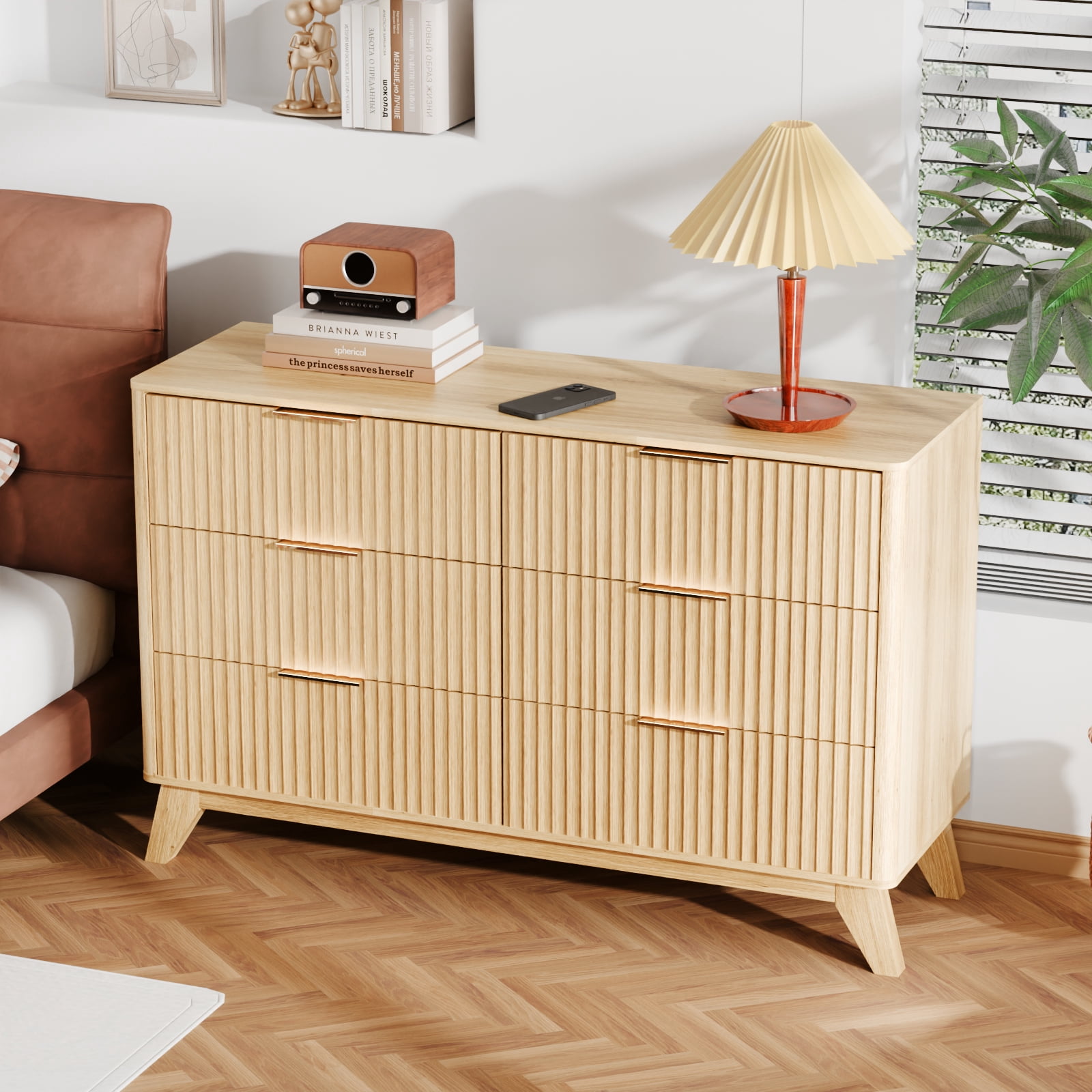 Ktaxon Fluted Dresser 6 Drawer Dresser Wood Chest of Drawers Storage Cabinet for Bedroom, Living Room Entryway Mid Century Oak