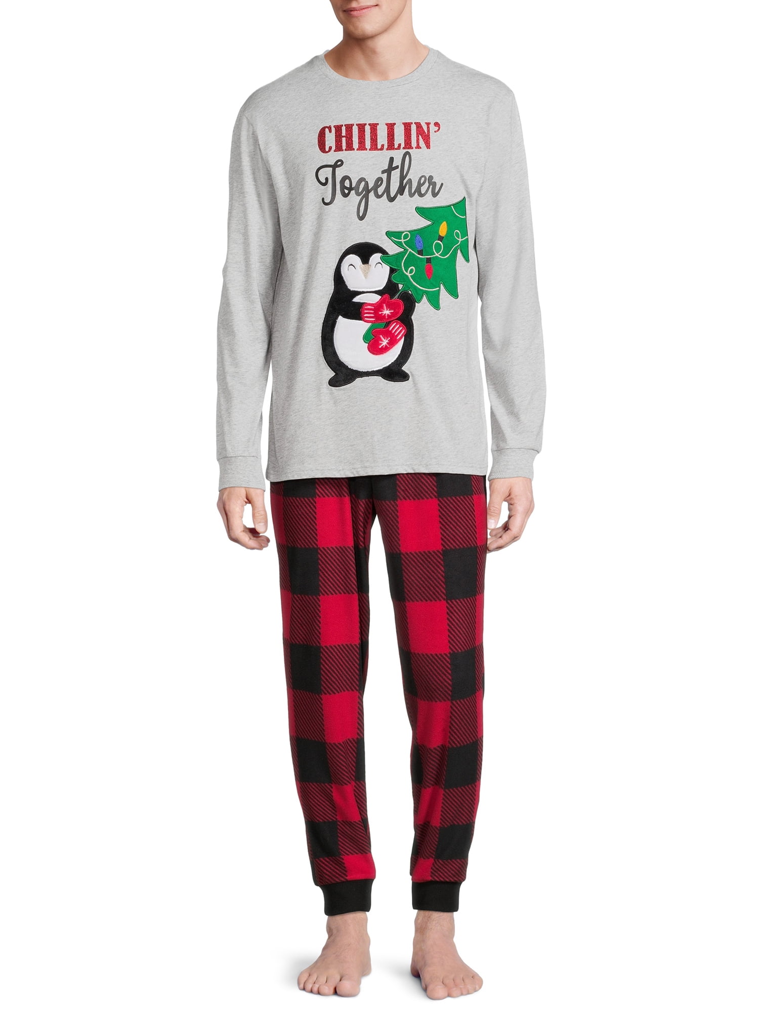 Holiday Time Men's and Men's Big and Tall Matching Family Pajamas Penguin Top and Pants Set, 2-Piece, Sizes S-3X
