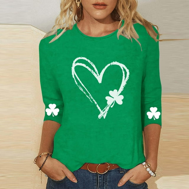 Yourumao T-Shirts pour Femmes de la Saint-Patrick Manches 3/4 Hauts Trèfle Col Rond T-Shirts Grande Taille Fête de la Saint-Patrick