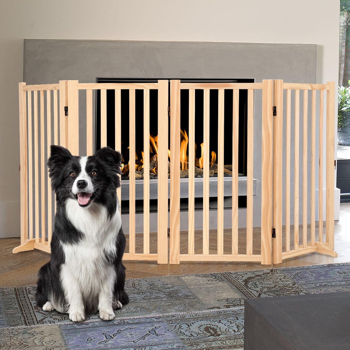 Danolapsi Wooden Freestanding Dog Gate,Collapsible Indoor Pet Fence for Doorways, Stairs & Hallways,No Paint Natural Wood, Step-Over Fence