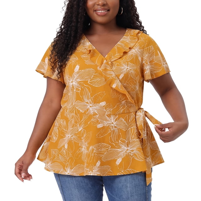 Blusa envolvente de flores de verano de manga corta con lazo en la cintura para mujer de tallas grandes Agnes Orinda 3X amarilla