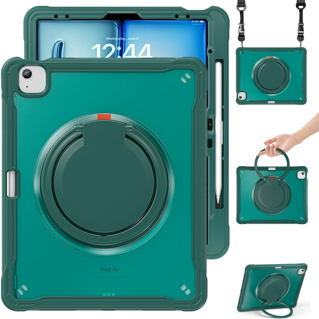 XYX pour iPad Air 13 Pouces Case (2025 M3/2024 M2), Poignée Rotative à 360°, Sangle d'Épaule, Protection Robuste contre les Chutes, Vert