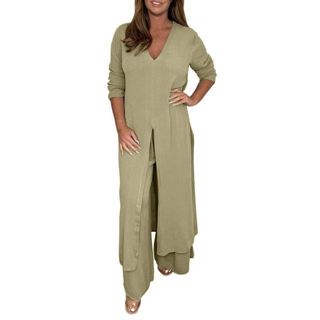 Kcodviy Ensemble Décontracté pour Femmes en Mousseline, Long, Coupe Ajustée, Manches, Pantalon, Deux Pièces, Pantalon de Survêtement en Polyester, Ensemble pour Femmes