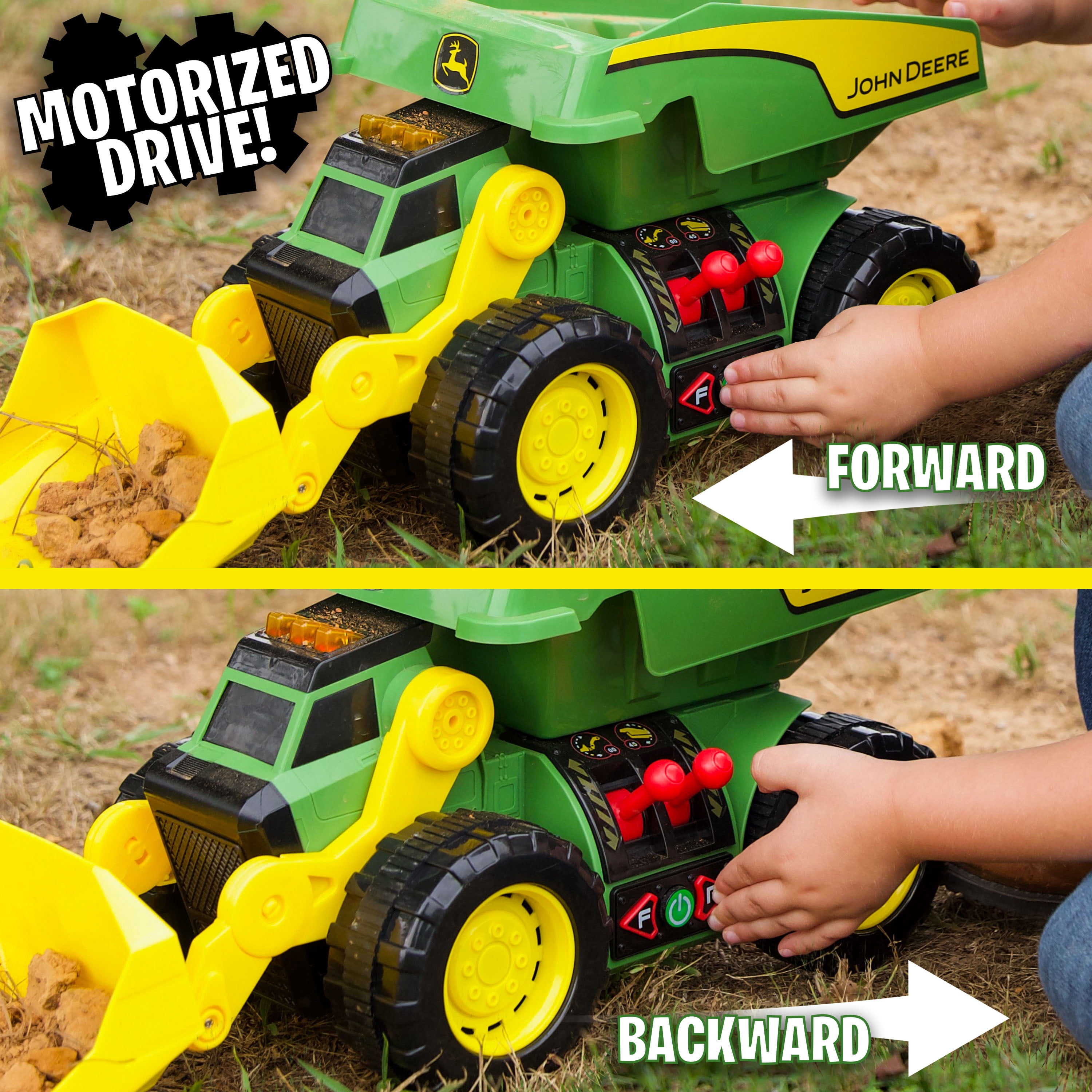 John Deere, 18" 2-N-1 Dig Rig Toy Dump Truck and Front Loader with Lights and Sound, Children Ages 3 and up