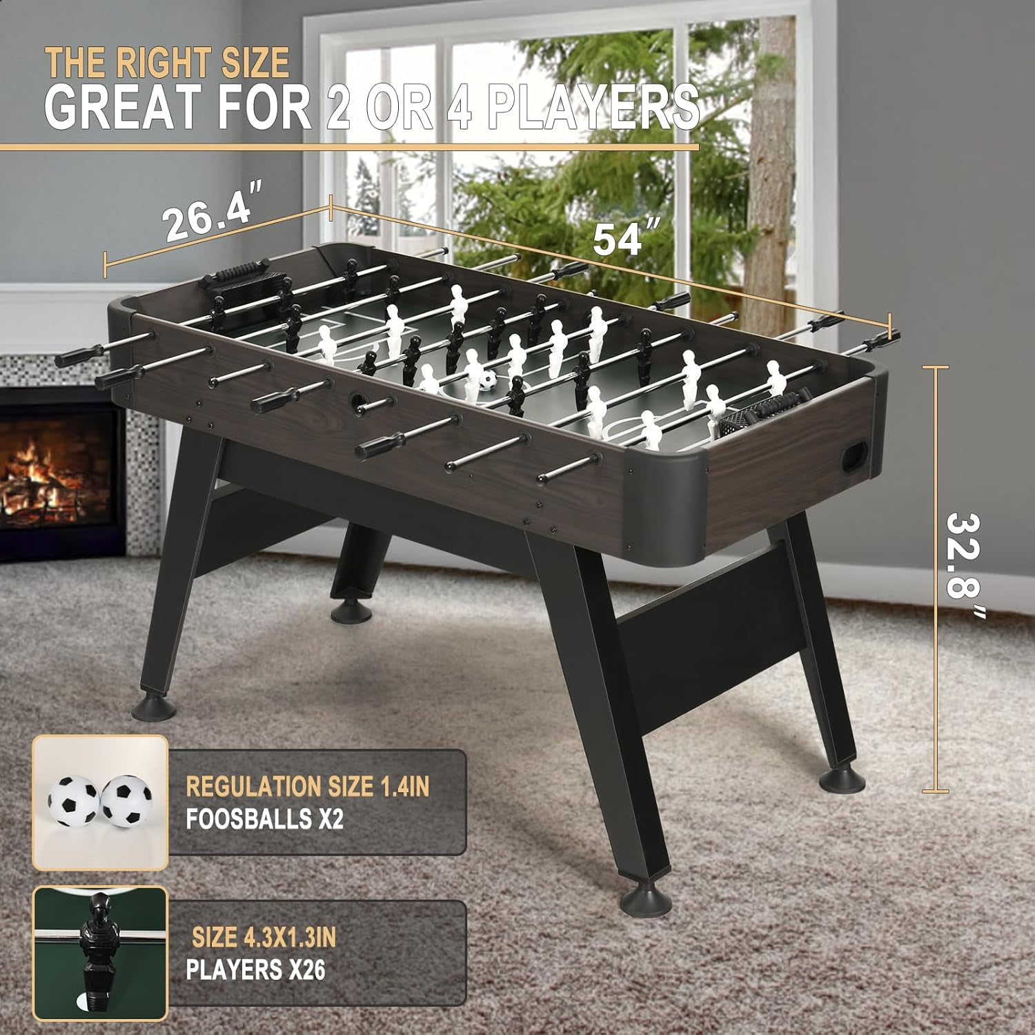 RAYKEEP 54“ Foosball Table, Full-Size Soccer Game Table for Home & Game Room, MDF Construction with Wood Grain Finish, Family Game Table w/ 2 Balls for Kids, Teens & Adults