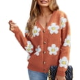 thumbnail image 2 of Women's Floral Print Cardigan Long Sleeve Open Front Button Down V Neck Knitted Sweaters Orange-Red M, 2 of 7