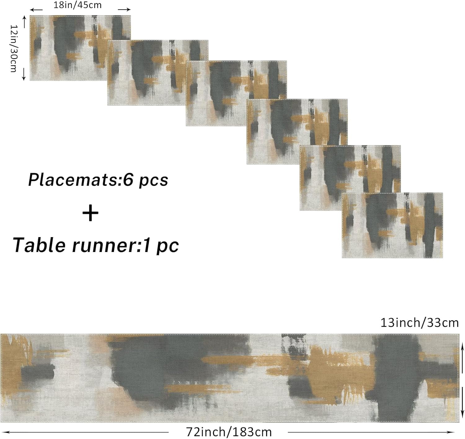 Vintage Grey Table Runner and Placemats Set of 6, Abstract Dark Gray Brown Decorations for Indoor Outdoor Dining Decor(1 Table Runner 72 inches Long and 6 Placemats)