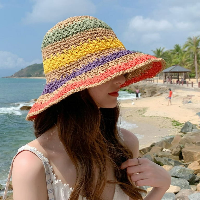 CoCopeaunts Summer Sun Hat Women Rainbow Color Sun Hat Floppy Straw Hat  Women Beach Foldable Straw Sun Hat Sun Cap